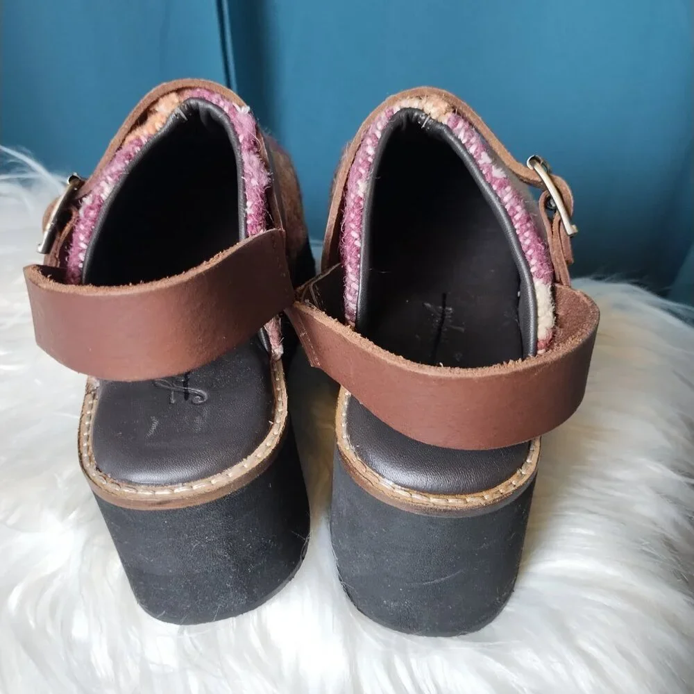Free People Multicolor Wool-Textured Platform Clogs with Brown Strap
